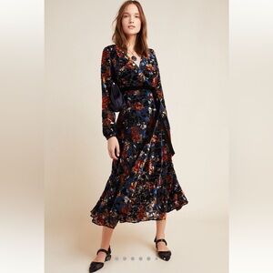 Anthro Hutch Deirdre Velvet Burnout Wrap Dress Floral Midi Long Sleeve XS Lined